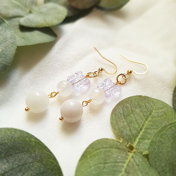 Fairycore Butterfly Glass & White Chalcedony Drop Earrings – 24k Gold Plated - Picture 8 of 9